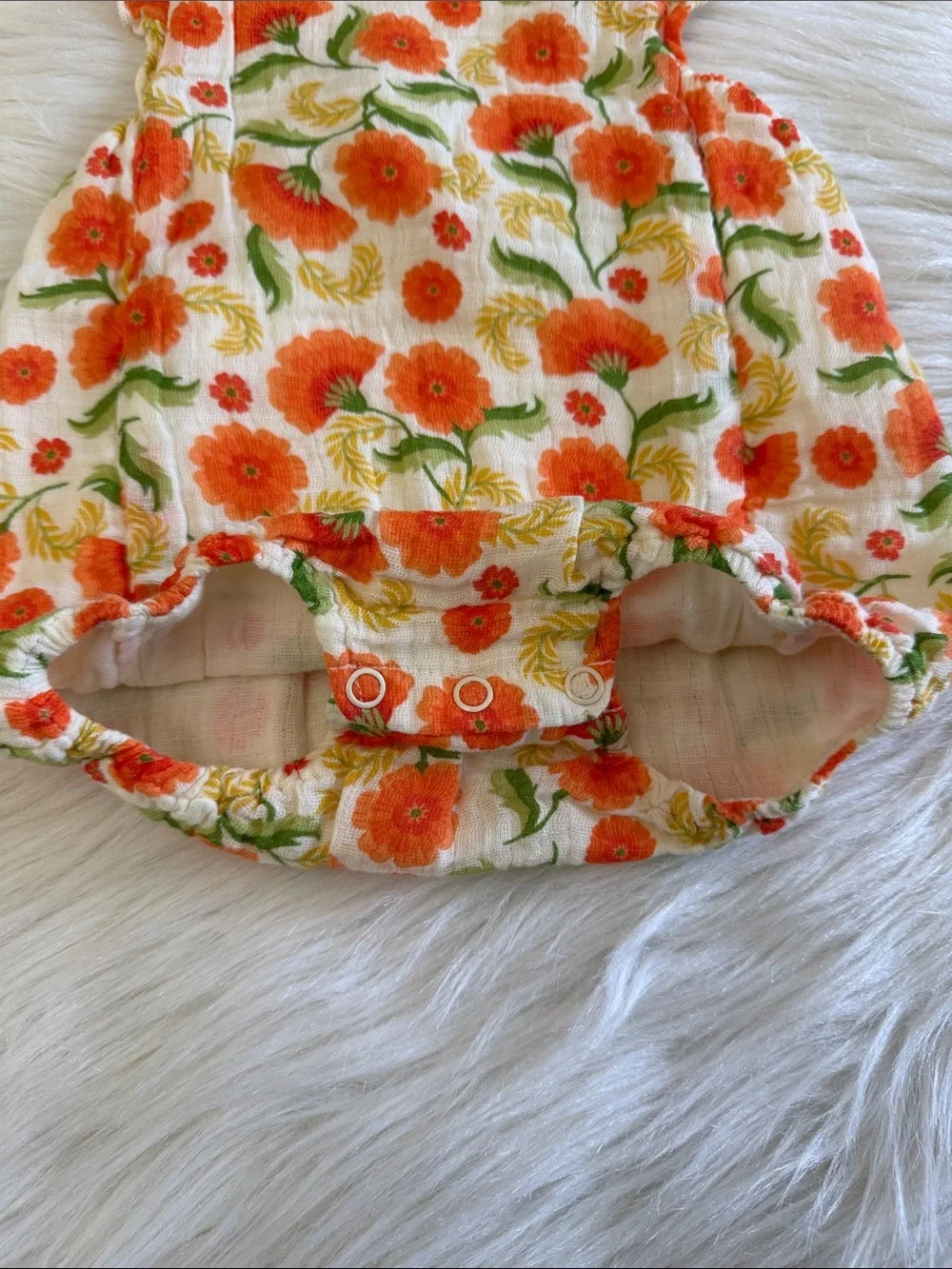Angel Dear Muslin Orange Marigold Ruffle Sun Bubble Baby Romper Size 6-12 Month